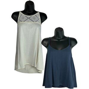 ROXY Tank Tops Bundle of 2 Sz L Ivory White Lace Navy Blue Rib Knit Cotton Blend